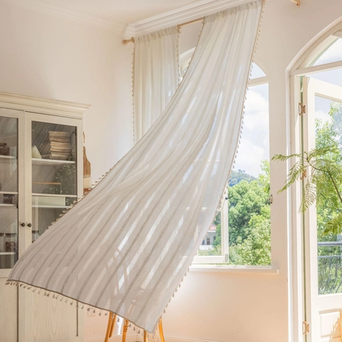Bohemian Tassel Polyester Curtain Semi Sheer Hollow Geometric Embroidered Window Treatment For Living Room Bedroom Cream White