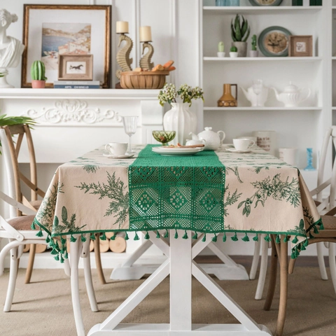 Vintage Cotton Linen Tablecloth Floral Print Hollow Out Crochet Lace Trim With Tassels Rectangular Table Cloth Home Decor