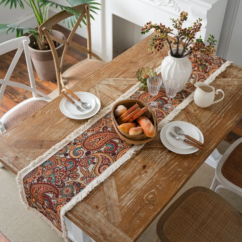 Camino de Mesa de Algodón Lino Con Borlas Bohemio Paisley Jacquard Campo Americano Cubierta Decorativa Mesa Comedor
