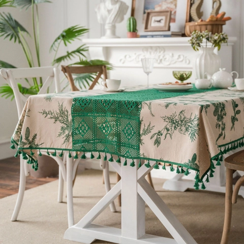 Vintage Cotton Linen Tablecloth Floral Print Hollow Out Crochet Lace Trim With Tassels Rectangular Table Cloth Home Decor