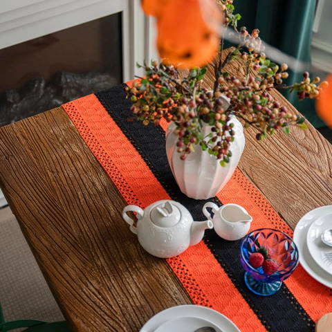 Halloween Weihnachten Jute Baumwolle Gewebter Tischläufer Mit Quasten Orange Schwarz Gestreift Feiertag Party Esstisch Dekoration