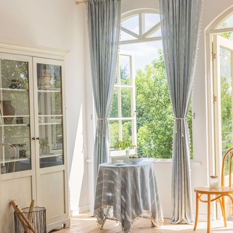 Bohemian Tassel Window Curtain Valance Linen Texture Semi Shading Embroidered Striped Hollow Out Drape For Living Room Kitchen