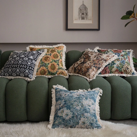 Fodera per Cuscino Jacquard Retro Americano Con Nappe Motivo Floreale Geometrico Decorativo Copricuscino per Divano Casa