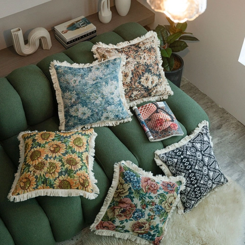 Fodera per Cuscino Jacquard Retro Americano Con Nappe Motivo Floreale Geometrico Decorativo Copricuscino per Divano Casa