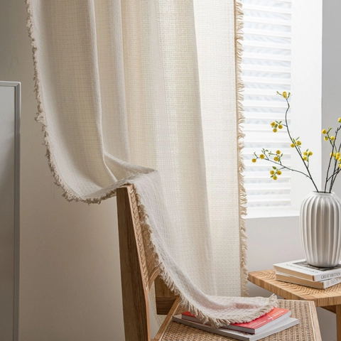 Waffle Weave Cotton Curtain With Fringe Tassels Solid Color Semi Blackout Nordic American Pastoral Style Decorative Window Curtain For Living Room Bedroom