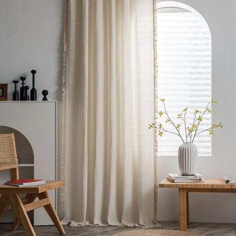 Waffle Weave Cotton Curtain With Fringe Tassels Solid Color Semi Blackout Nordic American Pastoral Style Decorative Window Curtain For Living Room Bedroom