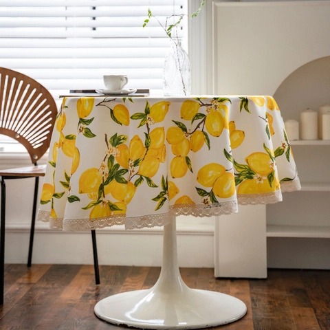 Fris Citroenprint Rond Tafelkleed Met Kanten Rand Waterdicht Polyester Eettafel Cover Pastorale Stijl Woondecoratie