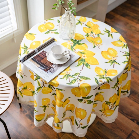 Fris Citroenprint Rond Tafelkleed Met Kanten Rand Waterdicht Polyester Eettafel Cover Pastorale Stijl Woondecoratie