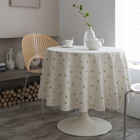 Mantel Redondo De Mezcla De Algodón Y Lino Con Estampado De Limón Borde De Encaje Estilo Rural Mantel Decorativo Para Cocina Comedor