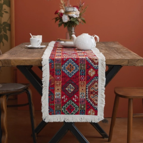 Bohemian Jacquard Geometrischer Tischläufer Mit Quasten Amerikanischer Vintage Baumwolle Leinen Hochzeit Party Dekoration Home Tisch Deko