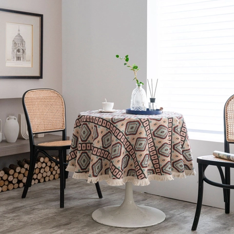 Katoen Jacquard Rond Tafelkleed met Kwastjes Amerikaanse Vintage Boheems Bloemen Geometrisch Patroon Stofdichte Tafelbedekking voor Eetkamer Thuis Decor