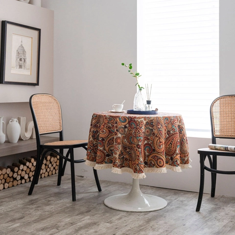 Vintage Amerikaanse Ronde Tafelkleed Paisley Jacquard Bloemmotief Kwastjes Franjes Katoen Linnen Tafelkleed Decoratie
