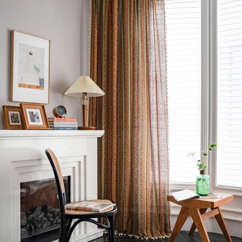 Bohemian Striped Printed Cotton Linen Door Curtain With Tassels American Retro Semi-Shading Decorative Window Curtain