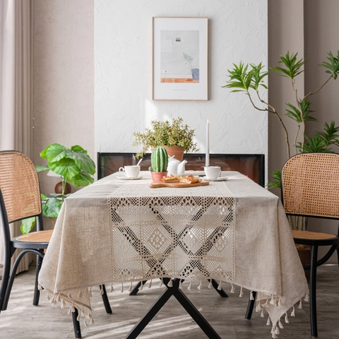 Vintage Floral Cotton Linen Tablecloth Rectangular Rural Style Hollow Crochet Splicing Table Cover With Tassels For Dining Room