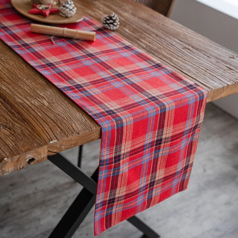 Runner da Tavolo a Quadri Rossi di Natale in Cotone Lino Design Tartan per la Decorazione del Tavolo da Pranzo
