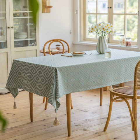 Geometric Rhombus Jacquard Tablecloth With Tassels Polyester Cotton Blend Rectangular Table Cover For Dining Coffee Table
