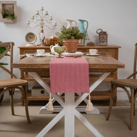Camino de Mesa de Algodón Poliéster Estampado Floral Rayas Mármol Mantel Con Borlas Para Decoración de Comedor