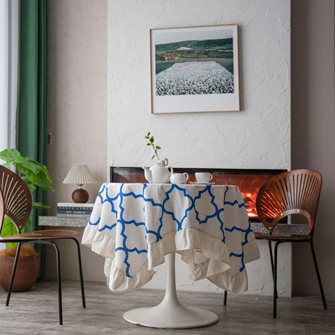 Mantel con Borde de Volantes Estilo Americano Estampado Geométrico Botánico Mezcla Rectangular Redondo Cubierta para Mesa Navidad Decoración