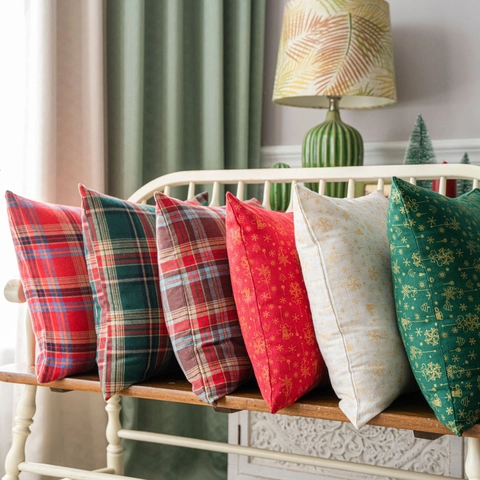 Christmas Plaid Decorative Throw Pillow Covers Tartan Square Cushion Case Bronzing Snowflake Star Heart Plush Pillowcase For Sofa Home Decor