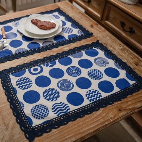 American Vintage Cotton Blend Printed Placemat With Lace Trim Decorative Heat Resistant Round Rectangular Dining Table Mat
