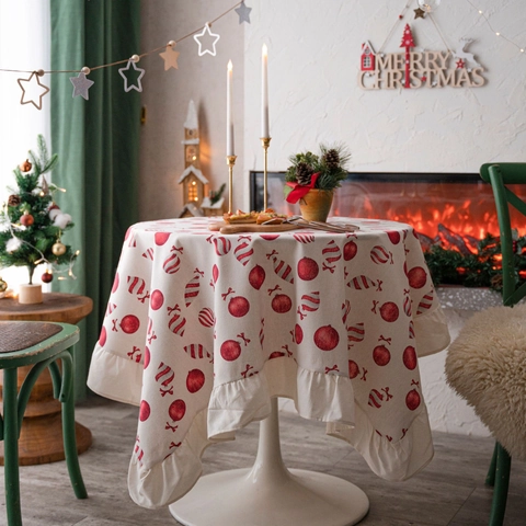 Mantel Estampado Festivo con Borde con Volantes de Navidad Estilo Americano Tejido Mezclado para Fiesta Boda Decoración del Hogar