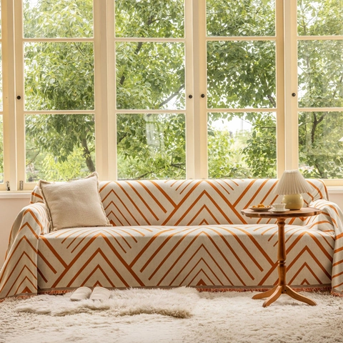 Copridivano Reversibile Geometrico Nordico Coperta in Tessuto Spesso Con Nappine Copridivano Decorativo Antipolvere Per Soggiorno