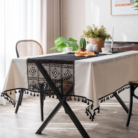 Nappe Bohème en Coton et Lin Avec Épissage de Dentelle au Crochet Ajourée et Glands Housse de Table Rectangulaire Imprimé Floral