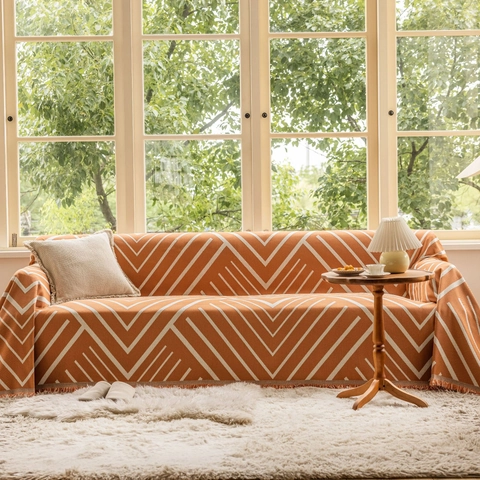 Copridivano Reversibile Geometrico Nordico Coperta in Tessuto Spesso Con Nappine Copridivano Decorativo Antipolvere Per Soggiorno