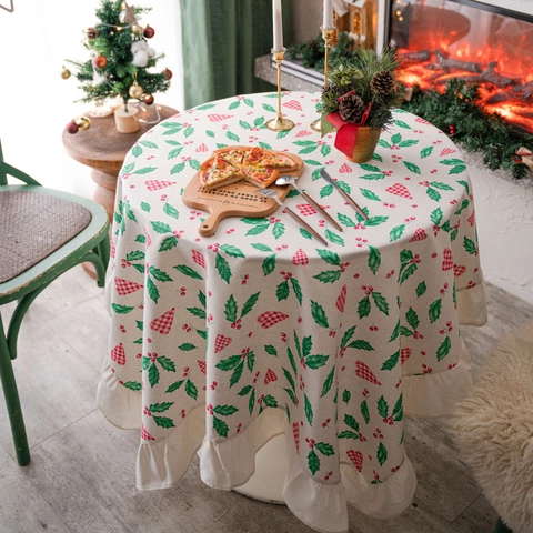 Christmas Printed Blended Tablecloth With Ruffled Edges Holly Heart Pattern American Farmhouse Holiday Party Dining Room Decor