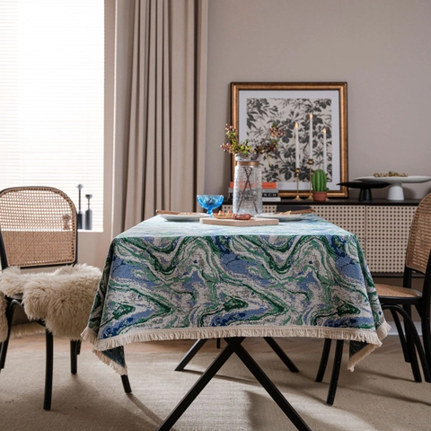 Amerikaanse Vintage Polyester Katoen Jacquard Tafelkleed Met Kwastjesrand Artistiek Marmer Inktpatroon Dik Stofdicht Tafelkleed Voor Thuis Eetkamer
