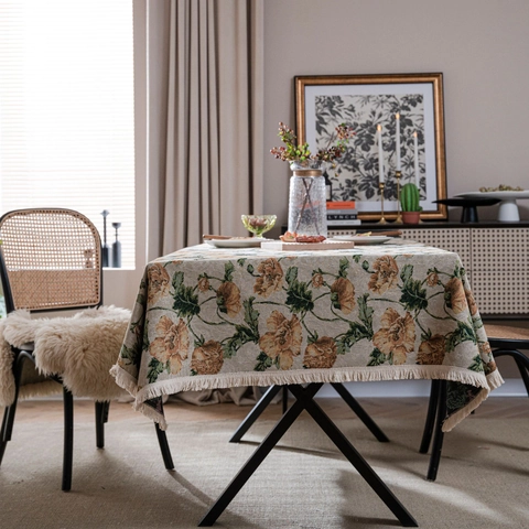 American Vintage Floral Jacquard Tablecloth With Tassel Thick Polyester Cotton Rectangular Dining Table Cover For Home Decor