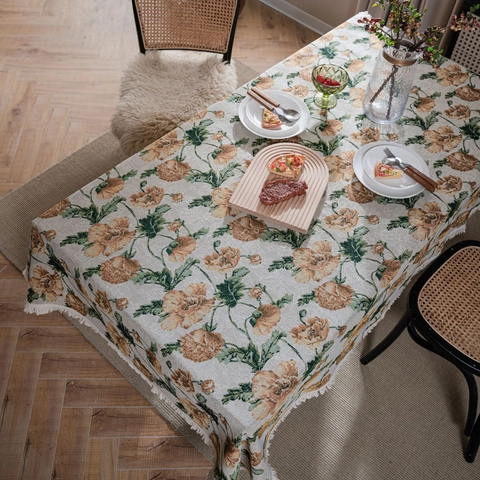 American Vintage Floral Jacquard Tablecloth With Tassel Thick Polyester Cotton Rectangular Dining Table Cover For Home Decor