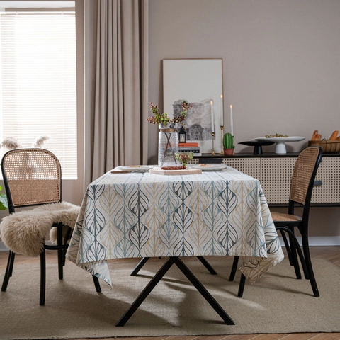 Vintage American Style Cotton Blend Tablecloth Botanical Leaf Geometric Print Rectangular Round Dustproof Table Cover Home Decor