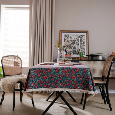 Mantel Jacquard Estilo Campo Americano Con Borlas Patrón Floral Cereza Cubierta De Mesa Rectangular Antipolvo Para Comedor Decoración Del Hogar