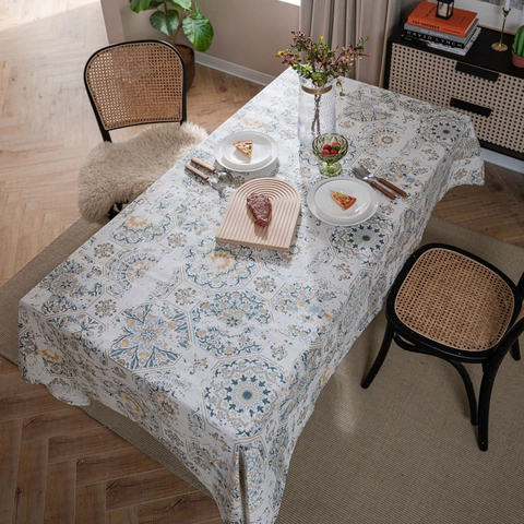 Mantel de Lino y Algodón con Estampado de Mandala Vintage Rectangular Bohemio a Prueba de Polvo Cubierta de Mesa Decorativa Para Comedor Cocina Hogar
