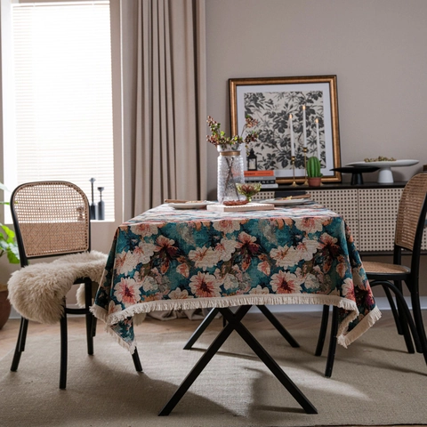 Amerikanischer Stil Blumen Jacquard Tischdecke Dick Rechteckige Tischabdeckung Mit Quasten Staubdicht Dekorativ Home Esszimmer Dekor