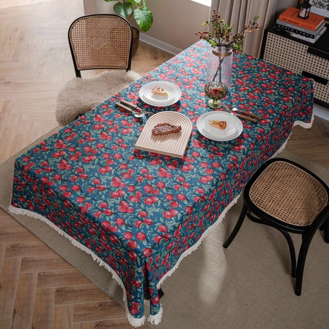 Mantel Jacquard Estilo Campo Americano Con Borlas Patrón Floral Cereza Cubierta De Mesa Rectangular Antipolvo Para Comedor Decoración Del Hogar