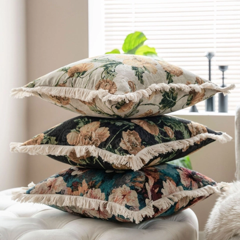 Fodera per Cuscino in Jacquard Floreale Retro Americano con Bordi a Frangia Misto Poliestere Cotone Decorativo per Divano