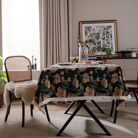 Amerikaanse Vintage Bloemen Jacquard Tafelkleed Met Kwastjes Rand Dik Rechthoekig Tafelzeil Voor Eetkamer Decor
