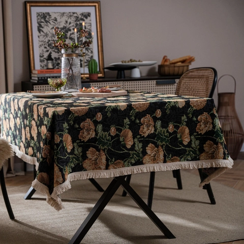 Amerikaanse Vintage Bloemen Jacquard Tafelkleed Met Kwastjes Rand Dik Rechthoekig Tafelzeil Voor Eetkamer Decor