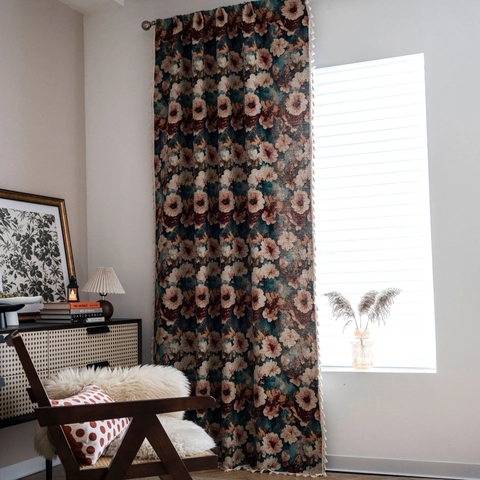 American Vintage Floral Jacquard Curtains With White Tassels Semi-Blackout Drapery For Home Bedroom Living Room Windows