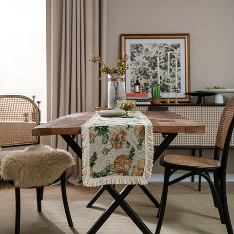 Vintage Amerikaanse Jacquard Tafelrunner Met Kwastjes Katoen Linnen Bloemenpatroon Stofvrij Lange Tafelkleed Voor Eetkamer Feest Huis Decoratie