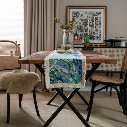 Vintage Jacquard Katoen Linnen Tafelloper Met Kwastjes Bloemen Marmer Abstract Patroon Amerikaanse Stijl Decoratieve Tafelkleed
