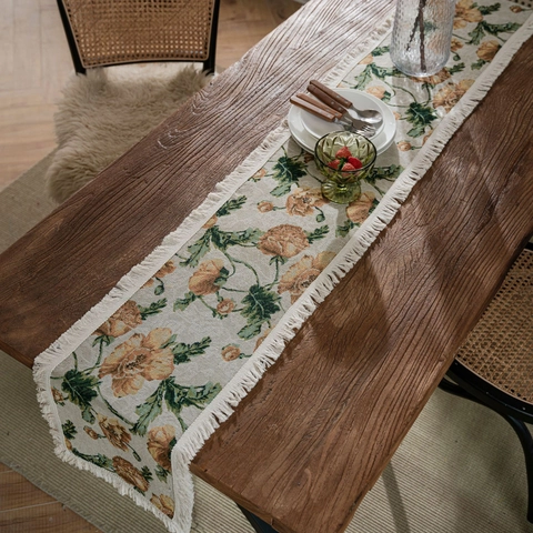 Vintage Amerikaanse Jacquard Tafelrunner Met Kwastjes Katoen Linnen Bloemenpatroon Stofvrij Lange Tafelkleed Voor Eetkamer Feest Huis Decoratie