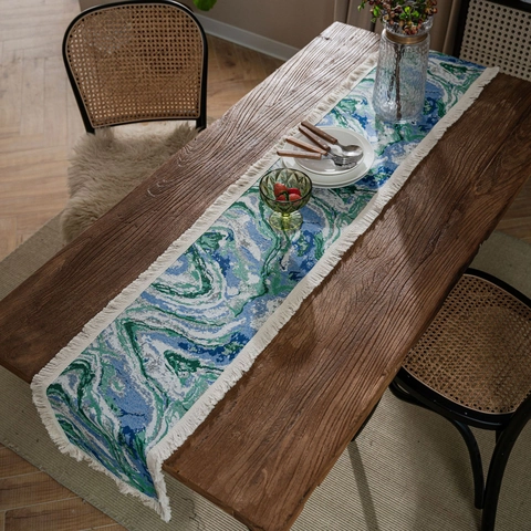 Vintage Jacquard Katoen Linnen Tafelloper Met Kwastjes Bloemen Marmer Abstract Patroon Amerikaanse Stijl Decoratieve Tafelkleed