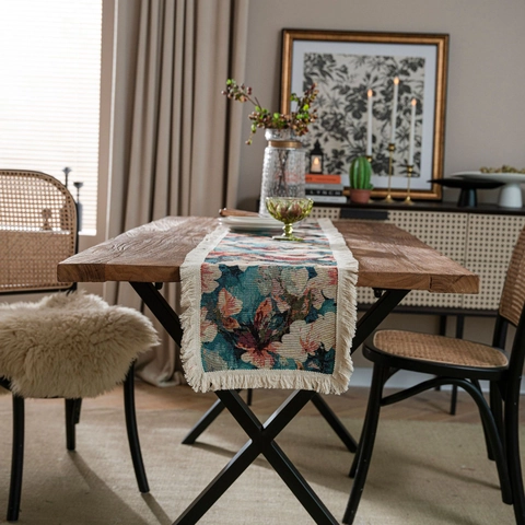 Vintage American Style Floral Jacquard Table Runner With White Tassels Cotton Polyester Tablecloth For Party Home Decor
