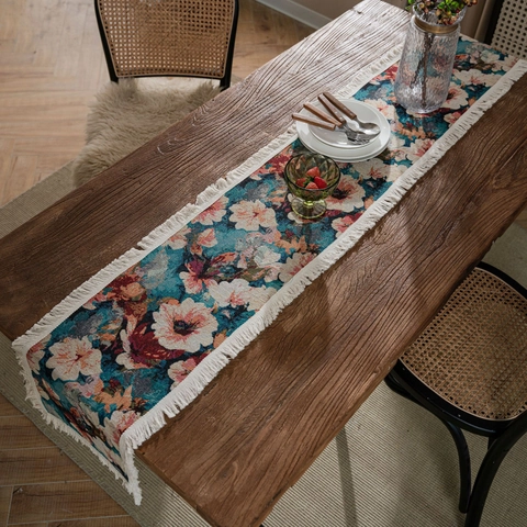 Vintage American Style Floral Jacquard Table Runner With White Tassels Cotton Polyester Tablecloth For Party Home Decor