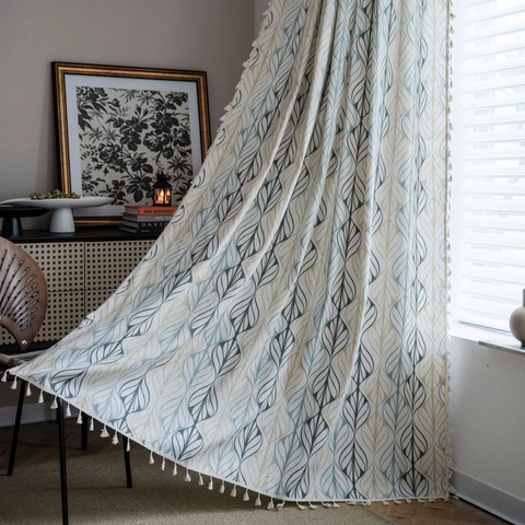 Vintage Printed Cotton Tassel Curtain Bohemian Leaf Pattern Semi Blackout Window Drape For Kitchen Living Room Home Decor