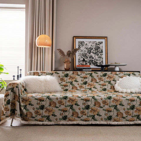 Manta para Sofá Jacquard Floral Vintage Americano Con Borlas Poliéster Algodón Resistente Protector de Polvo para Sofá Decoración Hogar