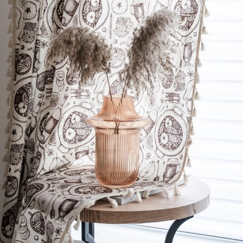 Vintage Cotton Linen Window Curtain With Tassel Retro Printed Kitchen Cafe Door Curtain Bohemian Leaf Pattern Home Decor